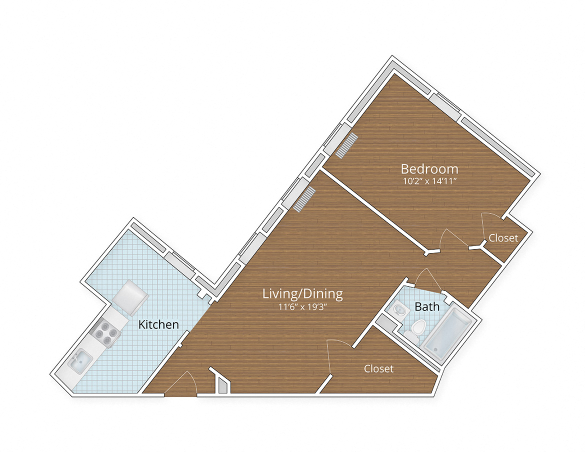 Floor plan for 1 bed, 1 bath, 659 sqft